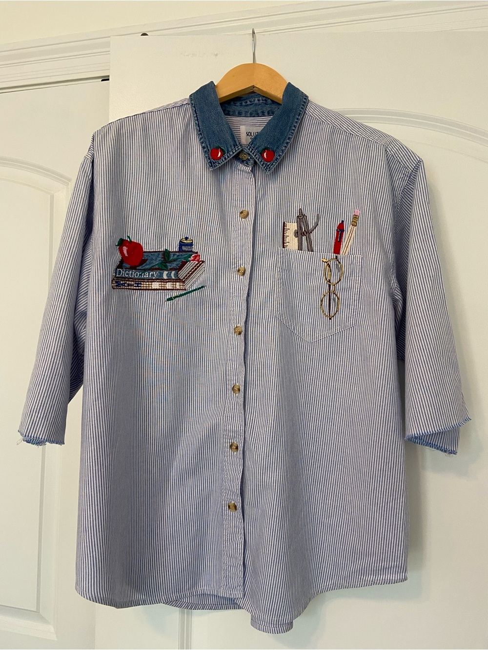 Vtg 90s Teacher Embroidered Button Front Shirt Striped XL Glasses Pencil Apples